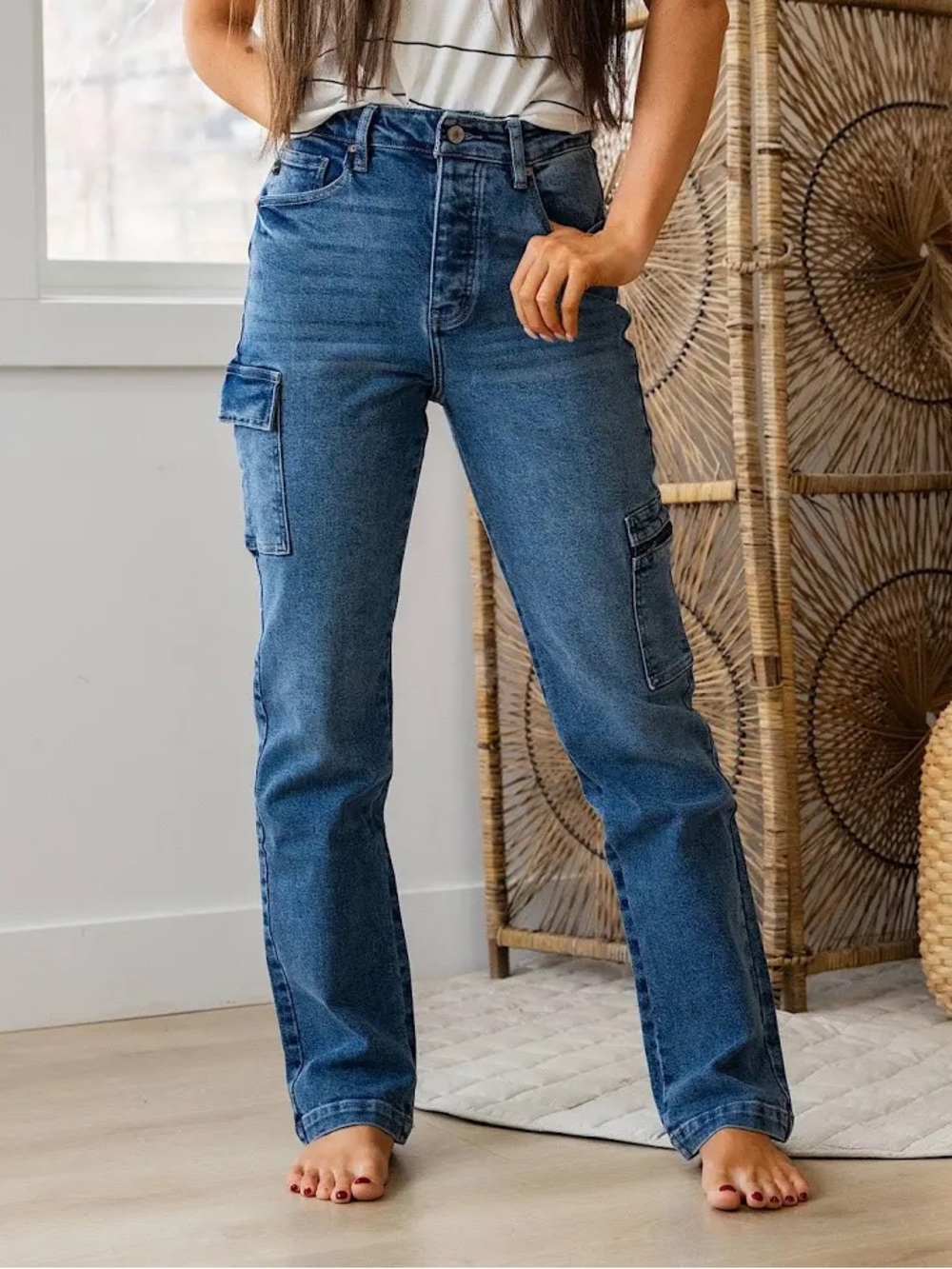 KanCan Medium Blue High-Rise Straight Leg Cargo Jeans